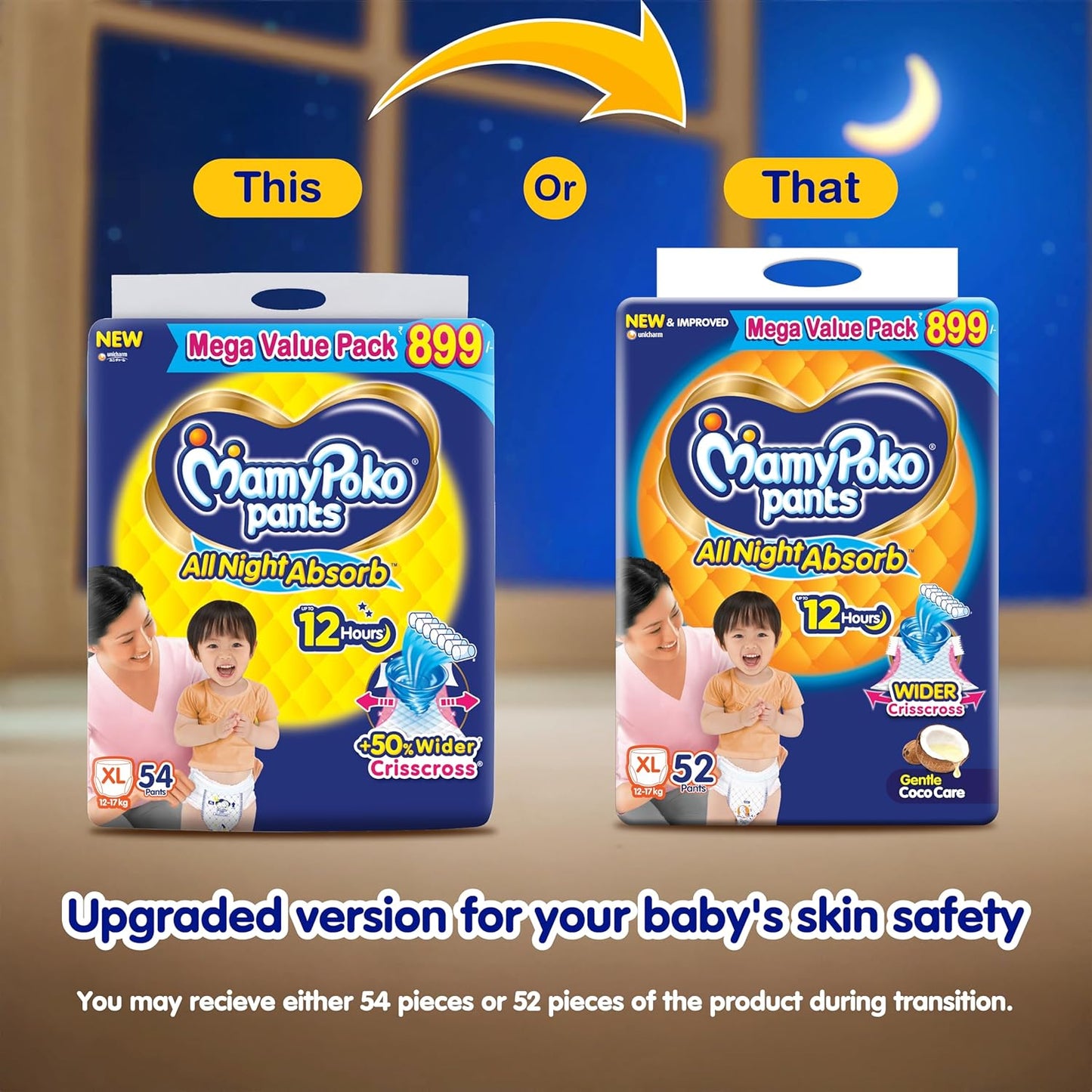 Mamypoko pants All Night AbsorbPant Style Baby Diapers Size(XL), 52 Count, Ideal for 12-17Kgs|+50% wider and repeated absorption for all night 12hr protection from leakage, prevents heaviness.