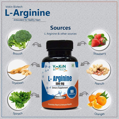Vokin Biotech L Arginine 500mg 90 Capsules With Essential Amino Acid and Nitric Oxide