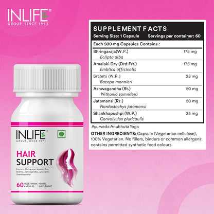 INLIFE Hair Support Supplement, Bhringraj, Brahmi, Ashwagandha and other Ayurvedic Herbs 500 mg - 60 Vegetarian Capsules (Pack of 1, 60)