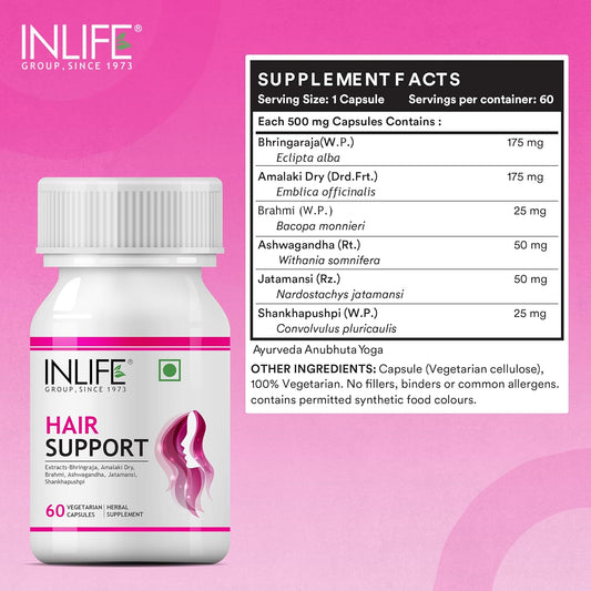 INLIFE Hair Support Supplement, Bhringraj, Brahmi, Ashwagandha and other Ayurvedic Herbs 500 mg - 60 Vegetarian Capsules (Pack of 1, 60)
