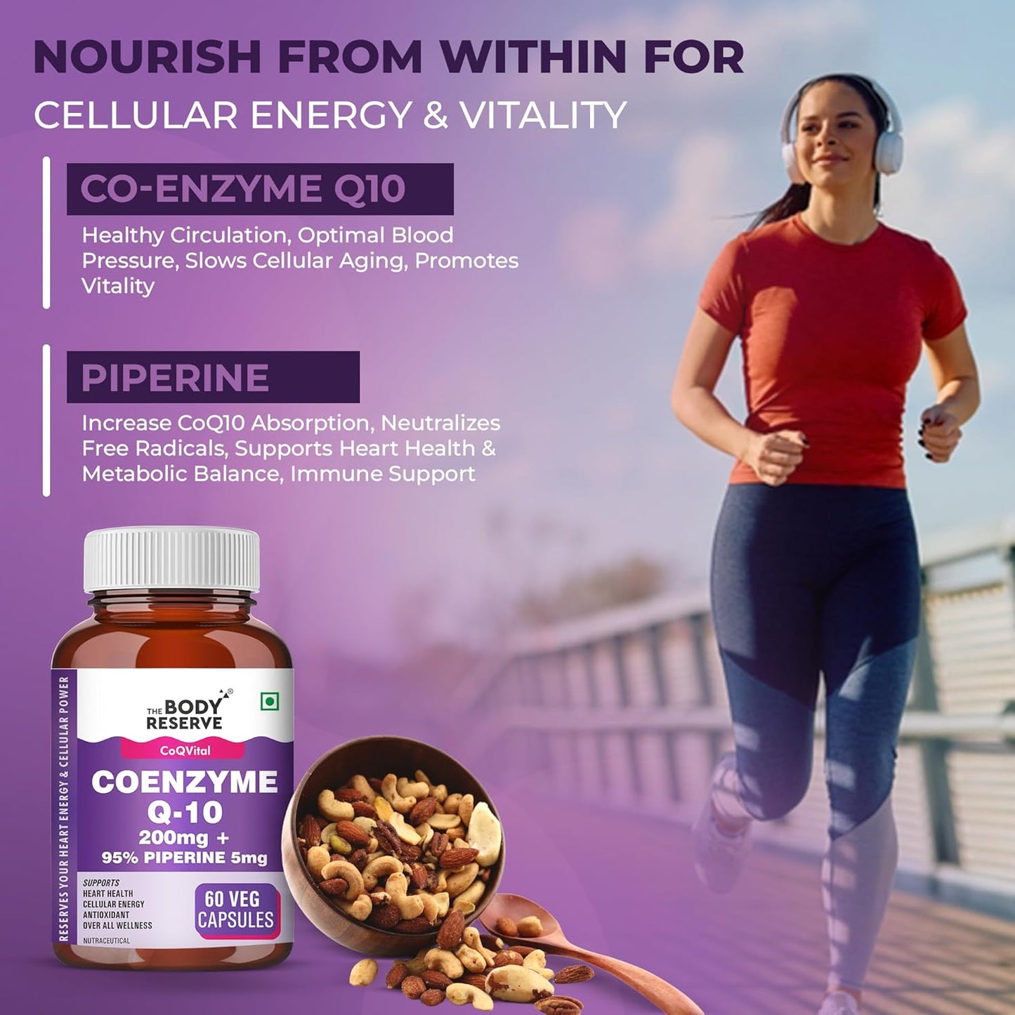 The Body Reserve Coenzyme Q10 200mg with 95% Piperine â€“ High Absorption CoQ10 Supplement for Heart & Vascular Health | Supports Energy Production & Cellular Function | Powerful Antioxidant | 60 Vegetarian Capsules
