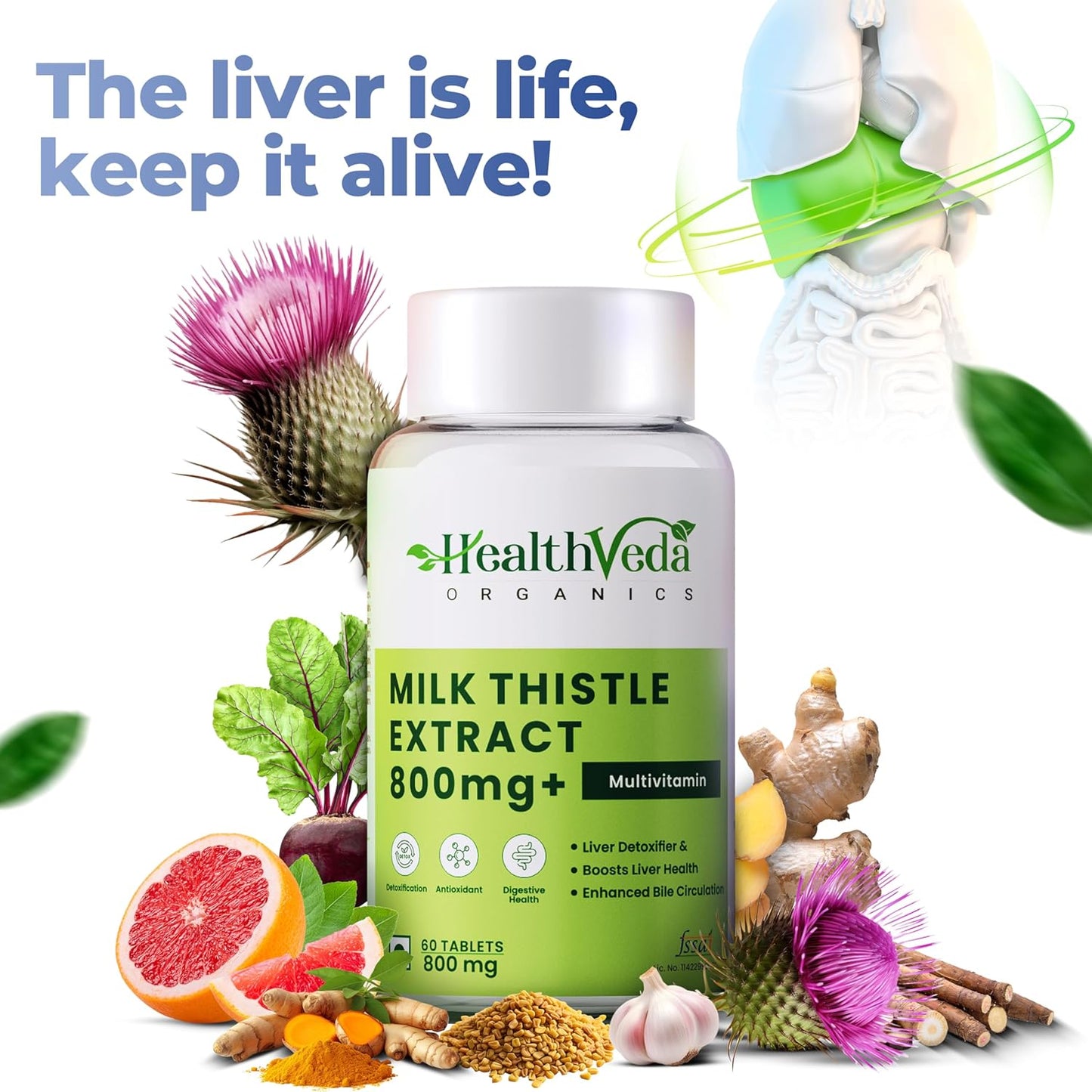 HEALTH VEDA ORGANICS PRIVATE LIMITED Milk Thistle Extract, 800 mg Liver Support Supplement | 60 Veg Tablets | For Liver Support & Liver Detox | For both Men & Women