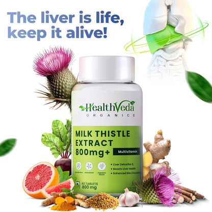 HEALTH VEDA ORGANICS PRIVATE LIMITED Milk Thistle Extract, 800 mg Liver Support Supplement | 60 Veg Tablets | For Liver Support & Liver Detox | For both Men & Women
