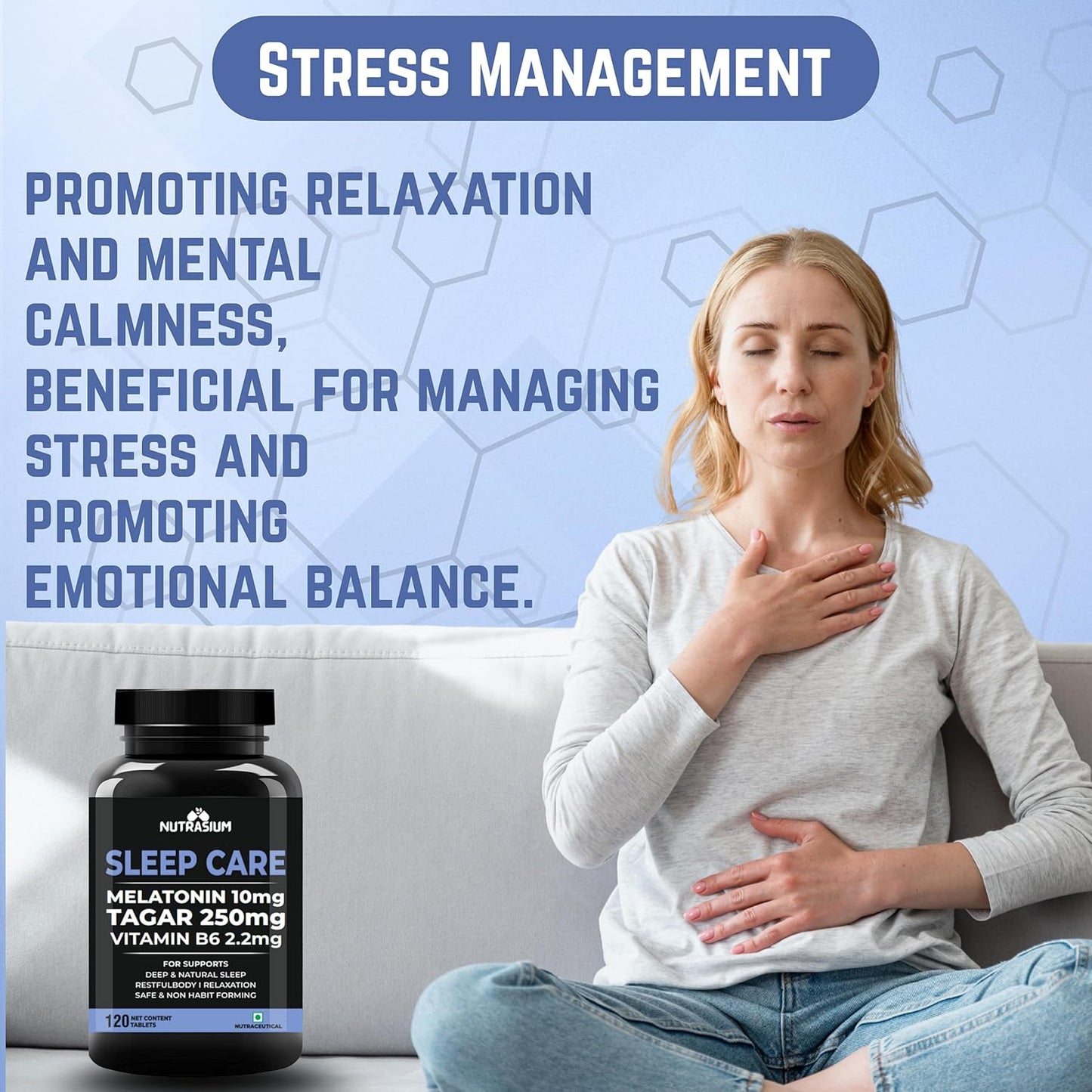 Nutrasium Melatonin 10 mg Sleeping Pill with Tagar 250 mg | Sleep Supplement for Men & Women | Melatonin Tablet for Restful & Deep Natural Sleeps | Sleep Care Tablets 120 (120 Tablets, Sleep Care)