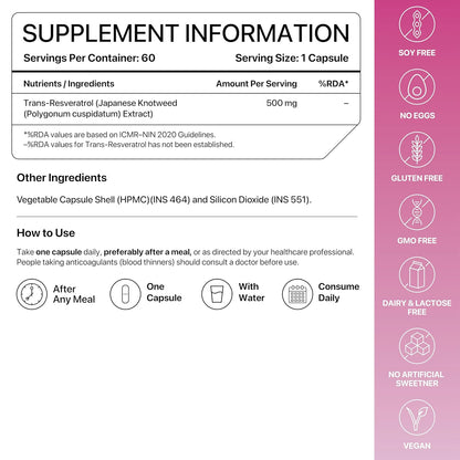 Decode Age Trans-Resveratrol 500 mg | Pure Antioxidant & Anti-Aging Supplement | Supports Cellular Repair, Heart Health & Healthy Inflammation Response | High Bioavailable Japanese Knotweed Extract | Decode Age