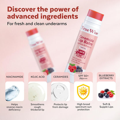 TrueWise Tinted Lip Balm with SPF 50 PA+++ | Brightening Pink Lip Balm For Dark Lips | Ceramides & Kojic Acid,Vitamin E, Soft, Glossy Lips for Women 5g