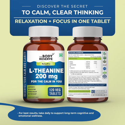 The Body Reserve L-Theanine 200mg 120 Veg Tablets L Theanine Supplements Supports Stress Relief, Reduce Anxiety, Brain Health & Promotes Relaxation