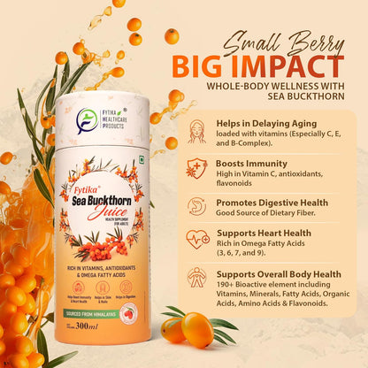 Fytika Sea Buckthorn Juice - 300 ML (PACK OF 1) | Pulp Concentrate Made for Your Total Body Care & Wellness | Rich in Vitamin C, Omega 3, 6, 7, 9 & Antioxidants | For Men & Women