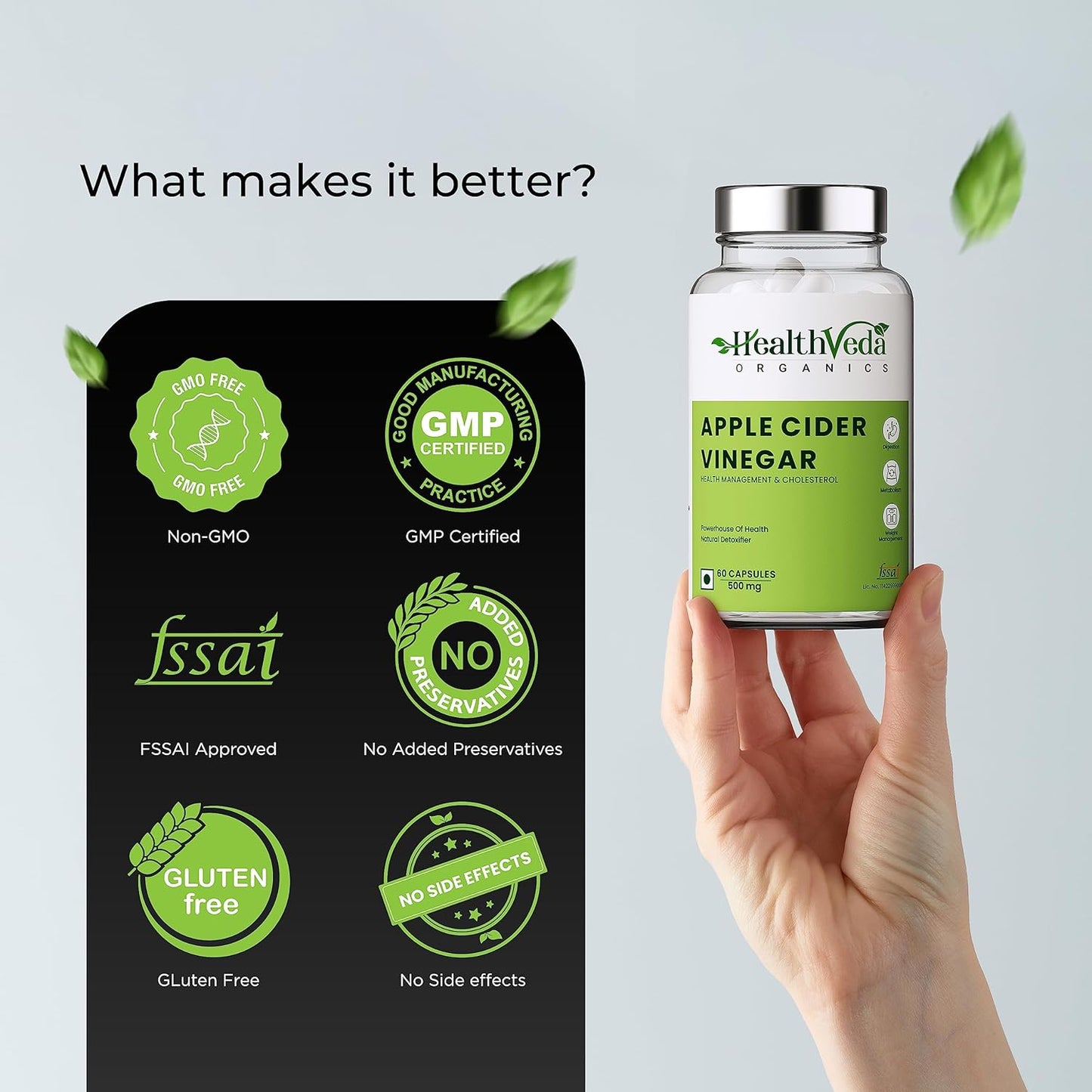 Health Veda Organics Apple Cider Vinegar 500 mg I 60 Veg Capsules I Weight Loss Management, Improves Cholesterol Levels & Supports Digestive Health I For both for Men & Women