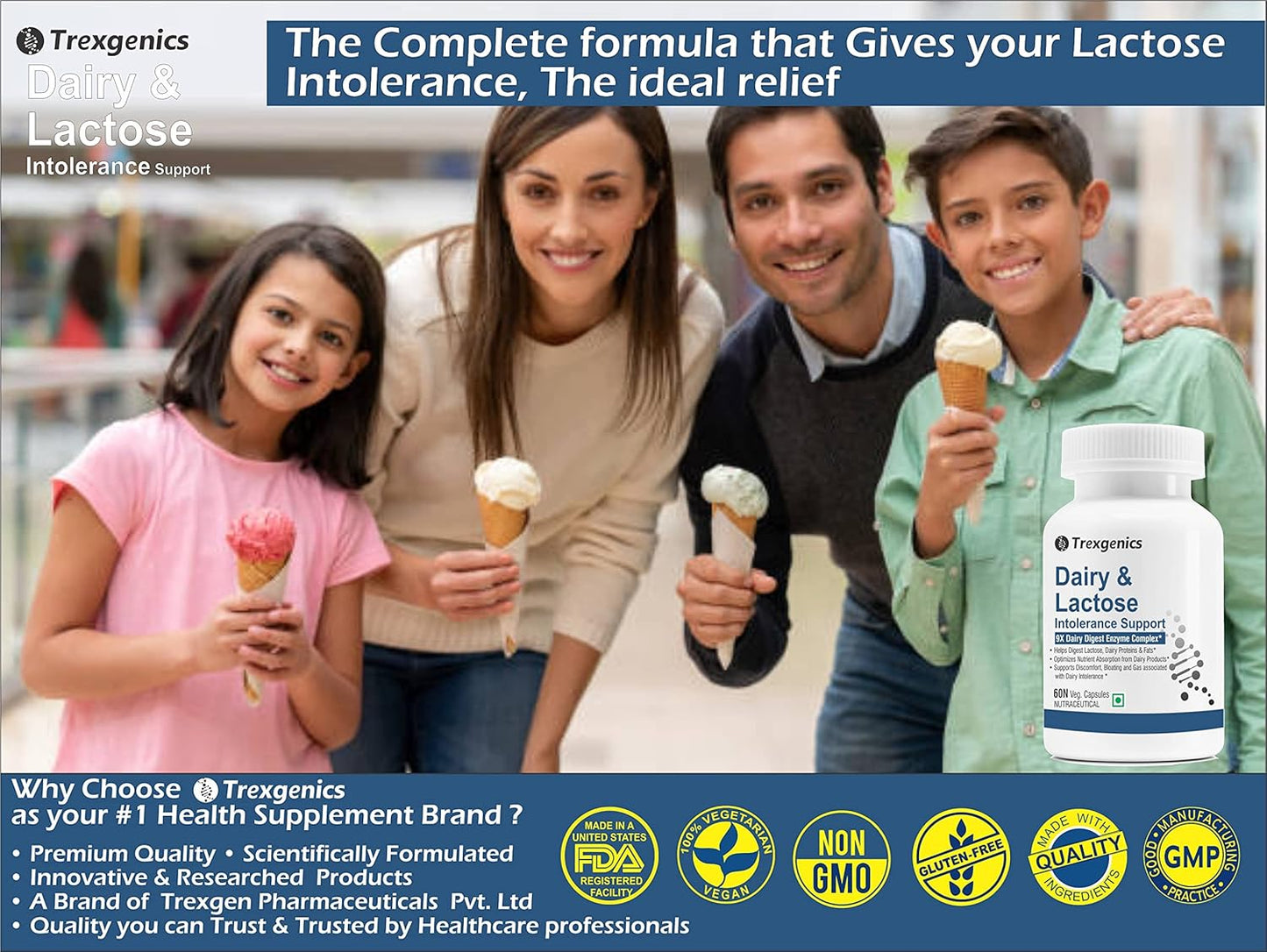 Trexgenics DAIRY & LACTOSE INTOLERENCE SUPPORT 9X Dairy Digest Enzyme Complex for Lactose, Dairy Fat, Protein and Carbs Digestion (60 Veg. Capsules) (Pack of 1)
