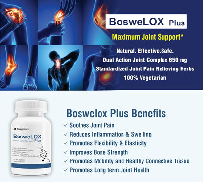 Trexgenics BOSWELOX PLUS Joint & Bone Dual Action with Boswellia Serrata 65% Boswellic acid 500mg + Cissus Quadrangularis (Hadjod) 5% Ketosterones 150 mg(60 Veg. Capsules) (Pack of 1)