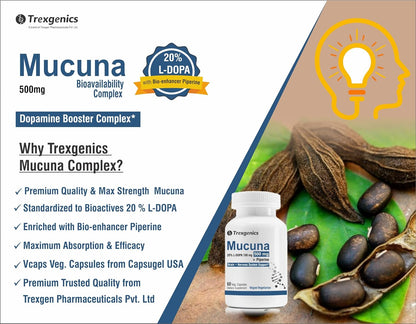 Trexgenics MUCUNA (20% L-Dopa) Pruriens (Kapikachhu) 500mg with Bio-enhancer Piperine 5mg Dopamine Booster Complex, Brain function, Nervous System (60 Vcaps) (1)