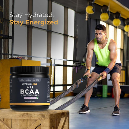 Nutrabay Gold BCAA 4:1:1 with Electrolytes 7000 mg Vegan BCAAs, 1000mg Electrolytes per Serving â€“ Intra/Post Workout Energy Drink for Muscle Recovery & Endurance - 250g, Berry Blast
