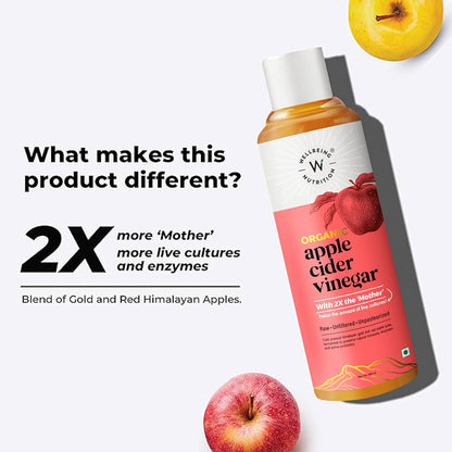 Wellbeing Nutrition Organic Himalayan Apple Cider Vinegar (ACV) with Mother of Vinegar | 2X Strands of Probiotic and Enzymes | Raw, Unfiltered, Unpasteurized | 500ml