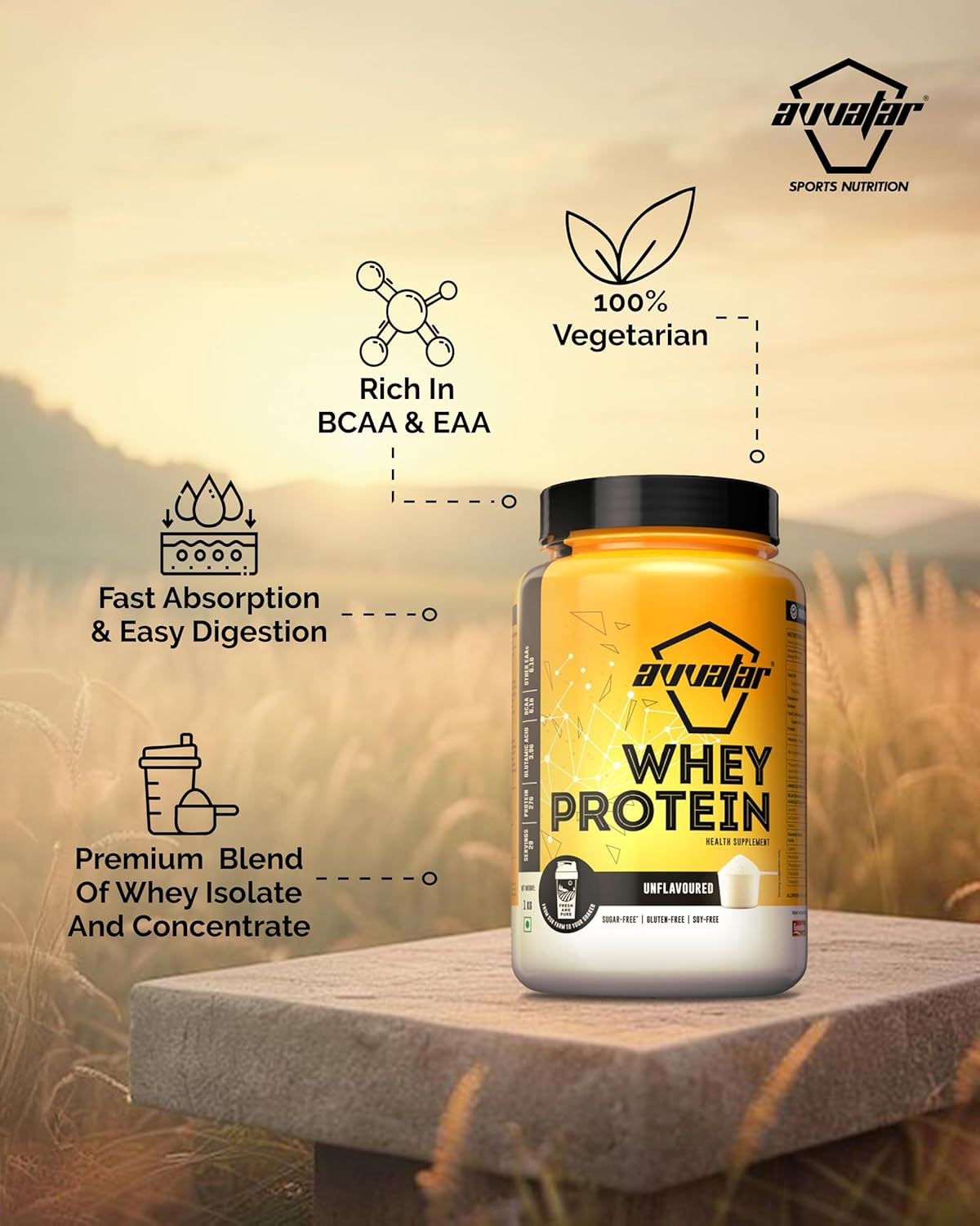 avvatar Whey Protein | 1Kg | Unflavoured | 27g Protein | 29 Servings | Isolate & Concentrate Blend