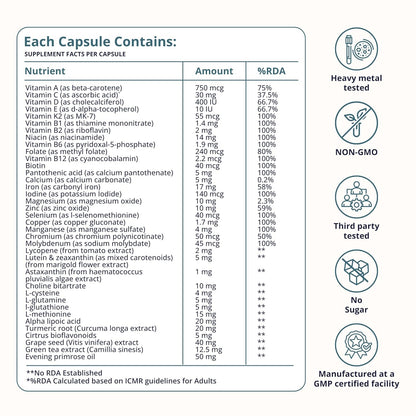 Briyo Womenâ€™s Multivitamin All Around Women Multivitamin- 38 nutrients in 1 conveniently sized capsule (Vitamins, Minerals, Natural extracts, Amino acids & more) Overall Health and Immune Support
