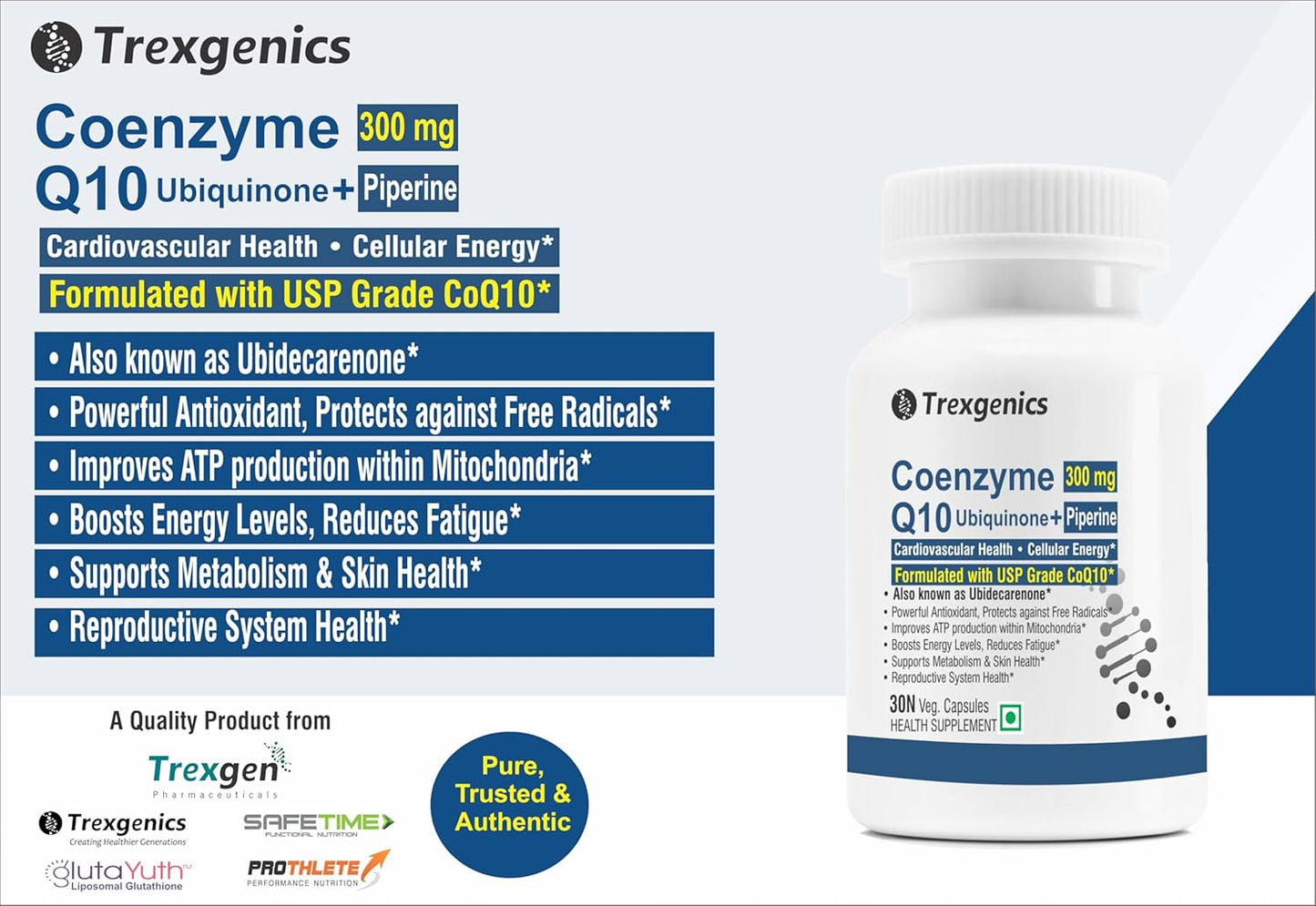 Trexgenics COENZYME Q10 300 mg USP grade Ubiquinone (Ubidecarenone) with Piperine 12 mg Antioxidant, Cellular Energy, Heart Health (30 Veg Capsules))