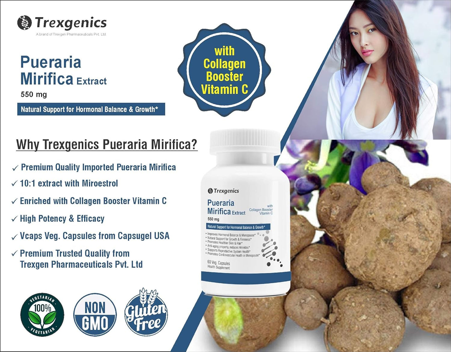 TrexgenicsÂ® PUERARIA MIRIFICA extract 10:1 550mg with Collagen Booster Vitamin C (60 Vcaps)