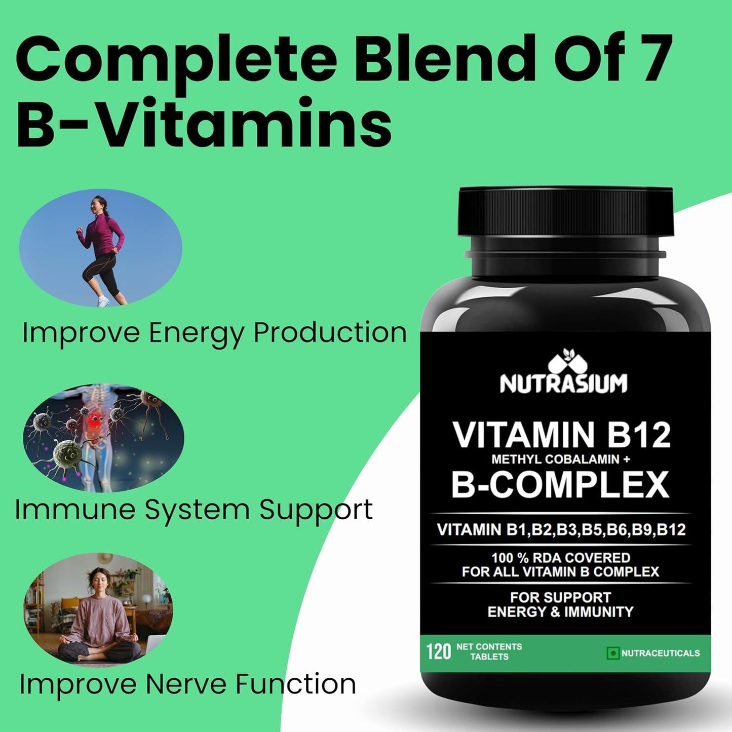 Nutrasium Vitamin B12 with B-Complex Tablets - 100% RDA for B Vitamins with B1, B2, B3, B5, B6, B9 & Vitamin B12 | Vitamin B Complex Supplements for Women & Men - 120 Vegetarian Tablets