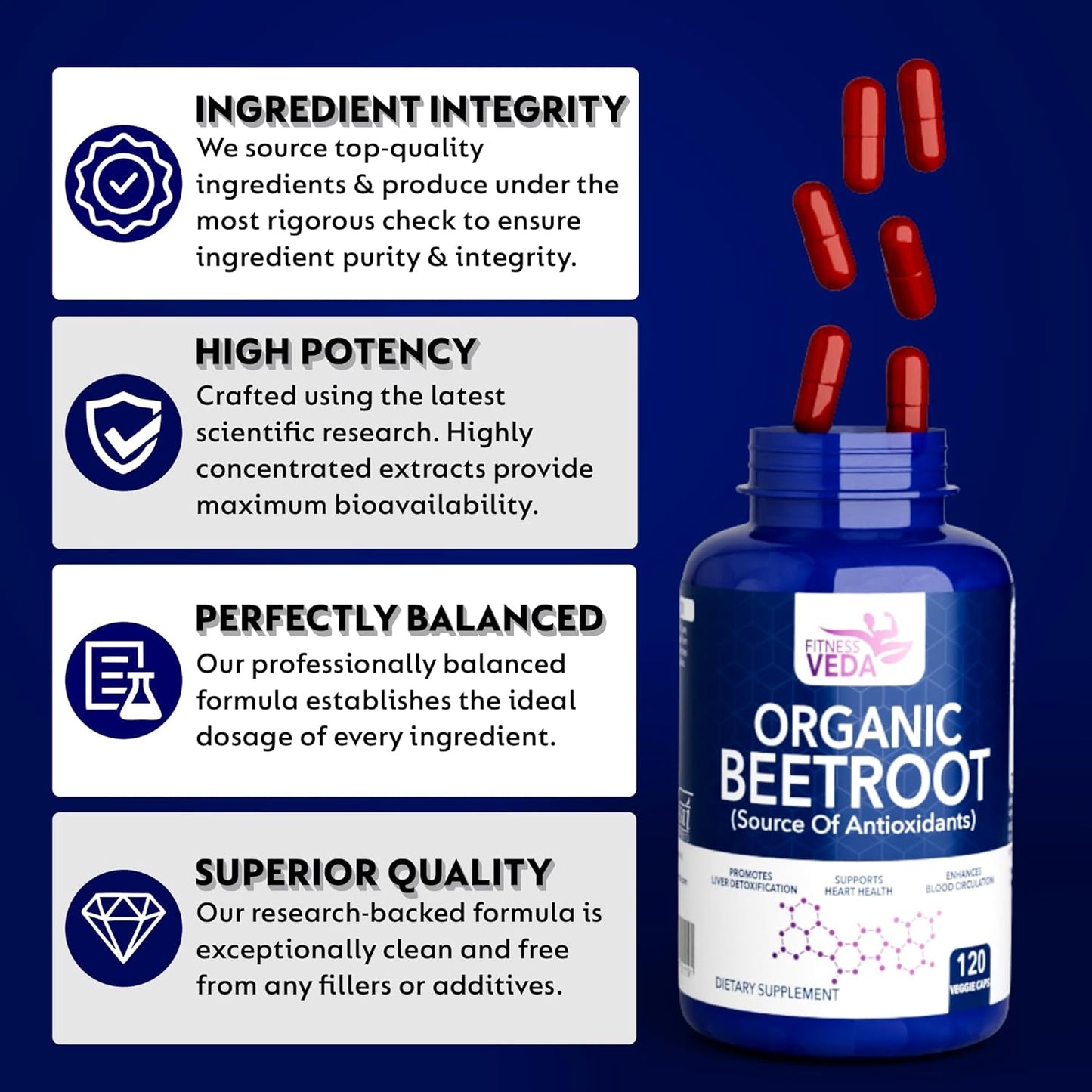 Fitness Veda Organic Beetroot Capsules â€“ 120 Veg Capsules - Heart Health, Blood Pressure & Endurance Support â€“ Rich Antioxidant Capsule - Natural Superfood Supplement â€“ Non-GMO, Gluten-Free