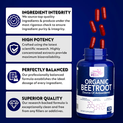 Fitness Veda Organic Beetroot Capsules â€“ 120 Veg Capsules - Heart Health, Blood Pressure & Endurance Support â€“ Rich Antioxidant Capsule - Natural Superfood Supplement â€“ Non-GMO, Gluten-Free