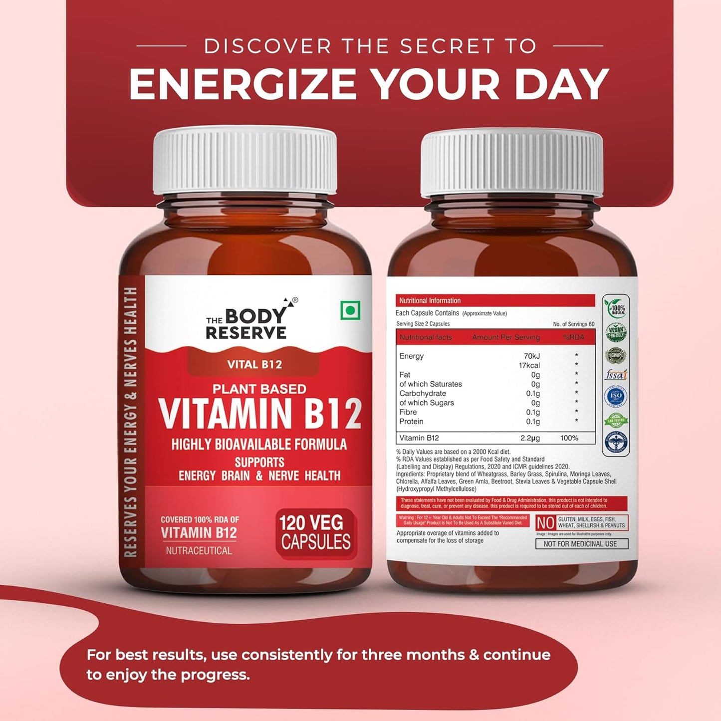The Body Reserve Plant Based Vitamin B12 Supplement For Men & Women 120 Capsules Organic Vitamin B12 For Nerve And Brain Health Vegan Capsules
