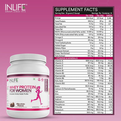 INLIFE Whey Protein Powder for Women | Ayurvedic Herbs, 23g Protein, 21 Vitamins Minerals, Omega 3 6, Digestive Enzymes, Hair Skin Nails 500g (500g, Chocolate)