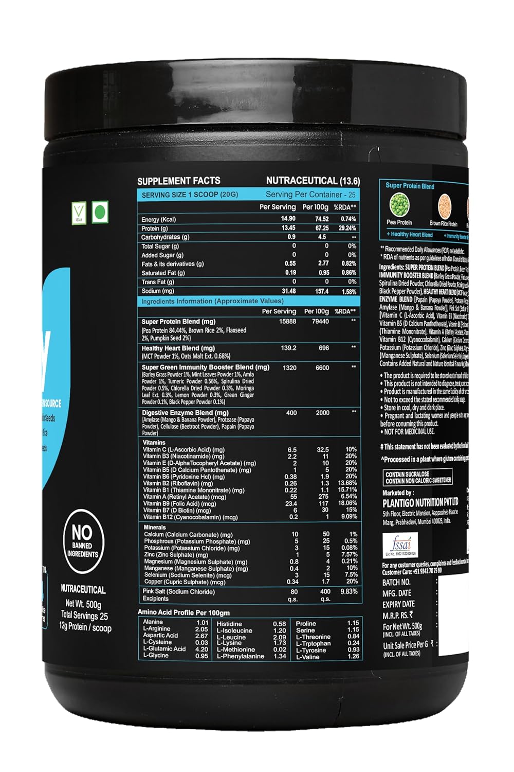 Plantigo Superior 51+ Plant Protein Powder for Senior Adults | Elders, Old Men & Women | No Sugar, 14 Calories | Pea Protein, Oats | Heart Health & Muscle Recovery, Protein (Vanilla - 500g)