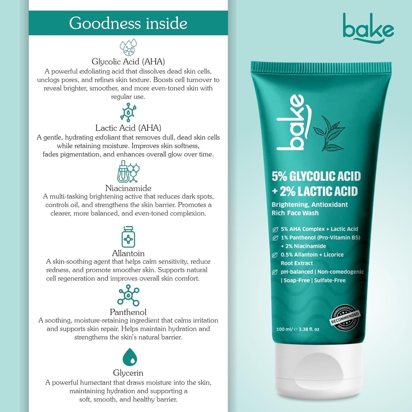 BAKE 5% Glycolic Acid Face Wash for Dark Spots & Pigmentation | For Tan Removal & Dull Skin | Daily Brightening & Glowing Face Wash - 100ml