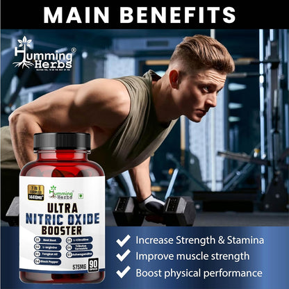 Humming Herbs ULTRA NITRIC BOOSTER - 7in1 | Beet Root, L-Arginine, Tongkat Ali, Black Pepper, L-Citrulline, Tribulus Terrestris & Ashwagandha - Enhance Energy, Performance, and Stamina - 90 Cap