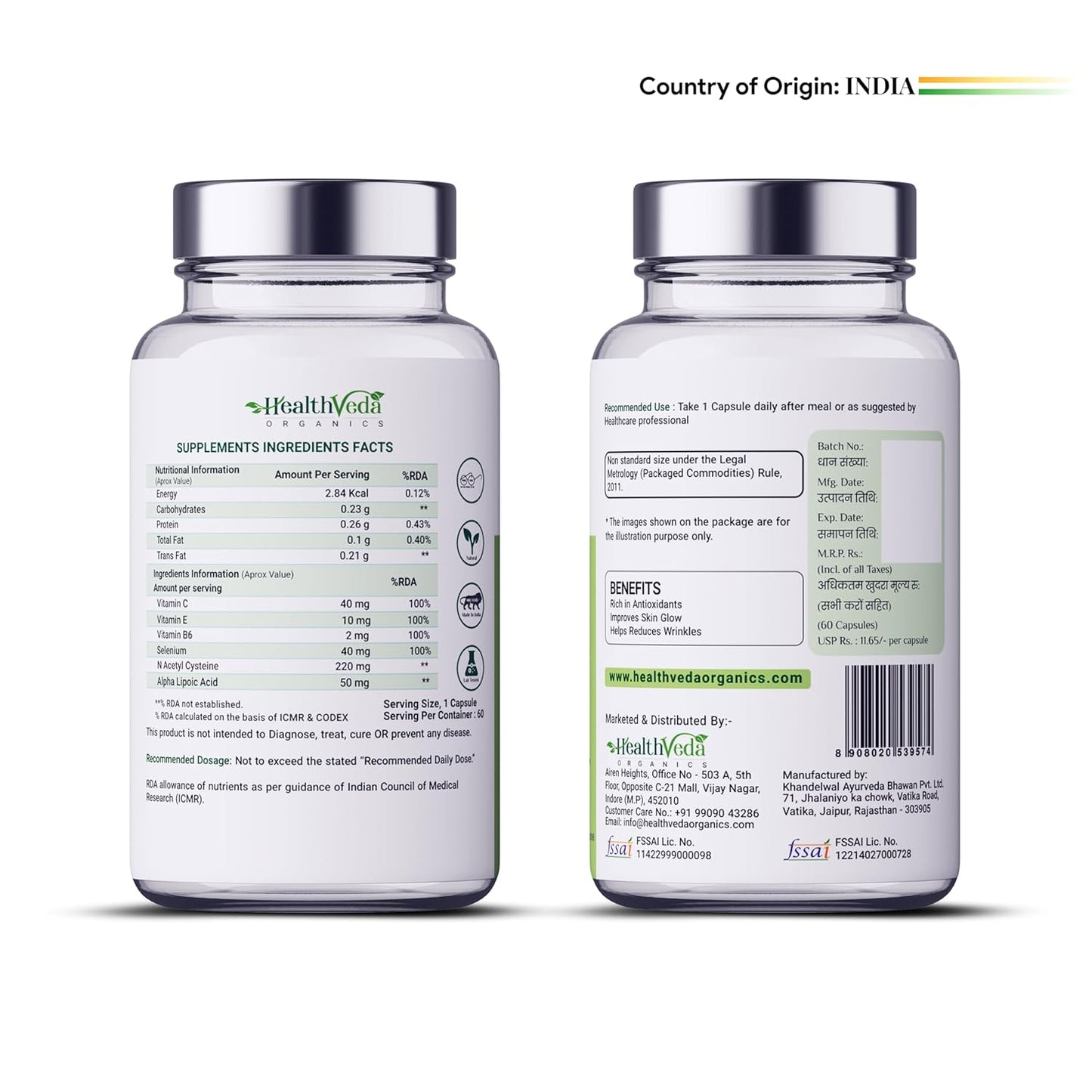 HEALTH VEDA ORGANICS PRIVATE LIMITED Plant Based Glutathione Builder With Vitamins B6 & Selenium|Skin Brightening & Anti-Ageing| 60 Veg Tablets|For Men & Women