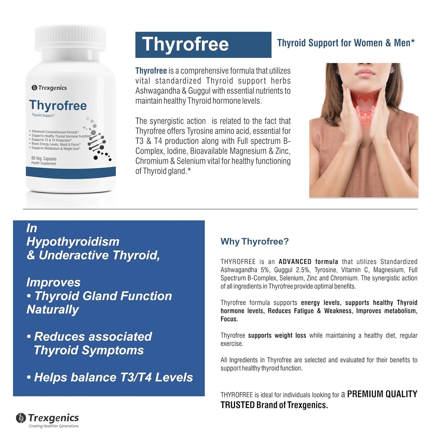 Trexgenics THYROFREE Comprehensive Thyroid Support with Ashwagandha 5%,Natural Herbs,Tyrosine,Magnesium,Iodine,Vitamin C,B-Complex,D3,Zinc,Selenium & Chromium (60 Veg. Capsules) (Pack of 1),60 grams