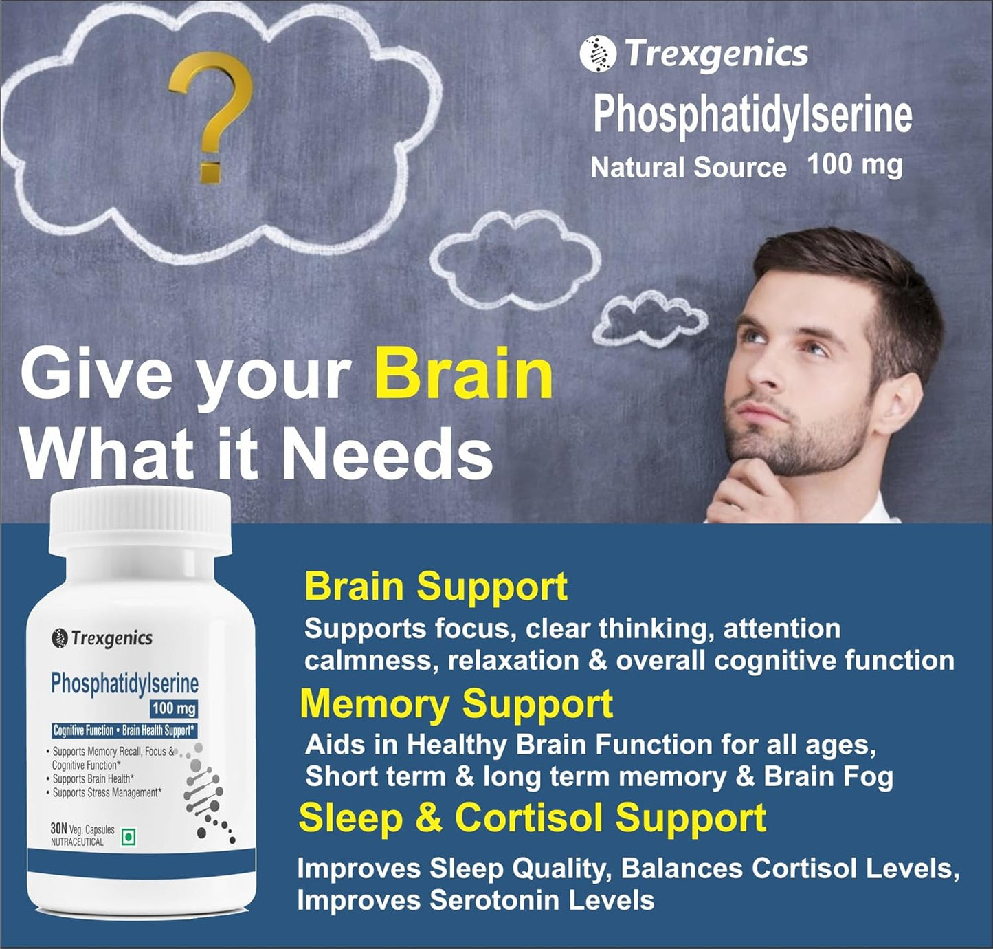 Trexgenics PHOSPHATIDYLSERINE 100 mg from Phospholipid Complex 143 mg, Cognitive Function, Brain Health Support (30 Veg Capsules)