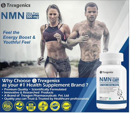 Trexgenics NICOTINAMIDE MONONUCLEOTIDE (NMN) 500 mg ULTRA PURE NAD+ Booster Energy, Muscle Endurance, Cardiovascular Health (30 Veg. caps) (Pack of 1)