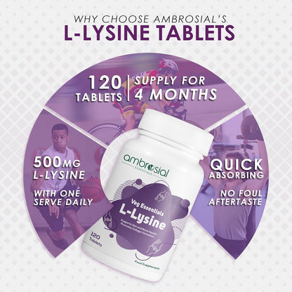 Ambrosial L-lysine | High Strength L-lysine tablets 500mg | Immune Support & Supports Collagen Synthesis | Essential Amino Acids for Active Lifestyle (Pack of 1-120 Tablets)