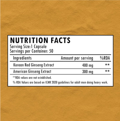 Klr.Fit's Korean Red and American Ginseng | Boosts Energy, Supports Immune System, and Reduce Stress | For Men & Women | With 20% Ginsenosides content | 50 Capsules