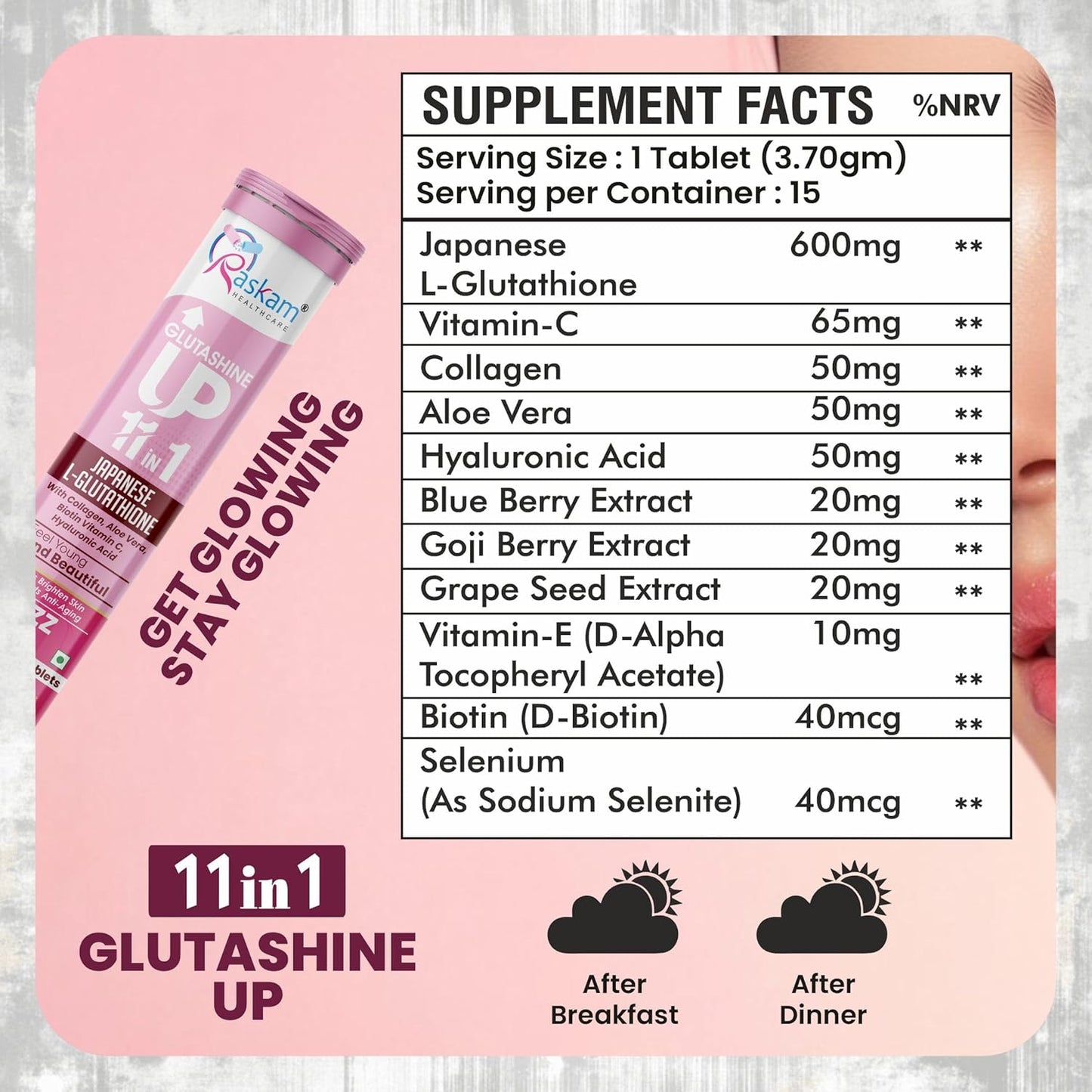 Glutathione Tablets Japanese L Glutathione 15 Effervescent Tablet In Mixberry Flavour With Collagen Aloevera Biotin Vitamin-c Hyaluronic Acid For Skin Glow & Hydration (Pack of 1)