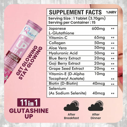 Glutathione Tablets Japanese L Glutathione 15 Effervescent Tablet In Mixberry Flavour With Collagen Aloevera Biotin Vitamin-c Hyaluronic Acid For Skin Glow & Hydration (Pack of 1)