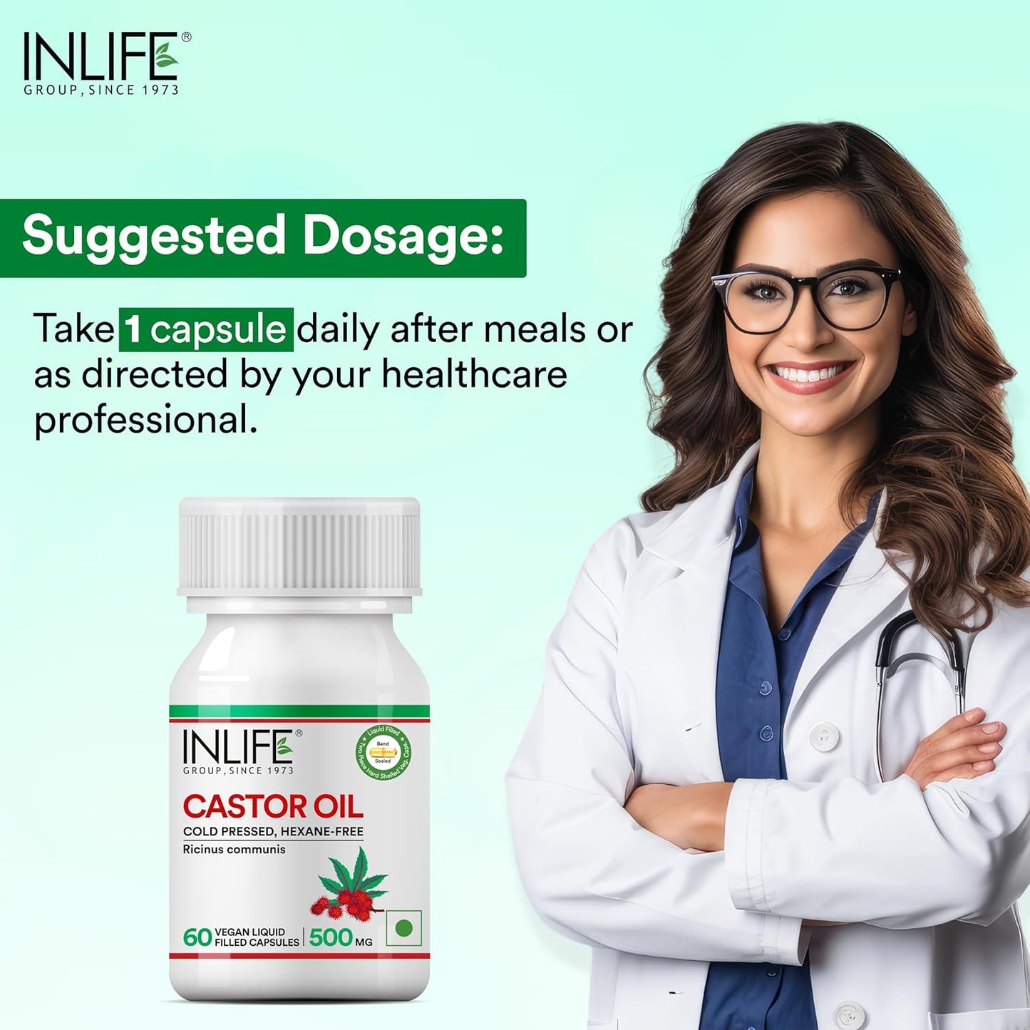 INLIFE Castor Oil Supplement for Hair and Skin, Natural Laxative, Quick Release, 500mg â€“ 60 Liquid Filled Vegetarian Capsules (Pack of 1, 60)