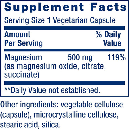 Life Extension Magnesium Caps, 500 mg, Magnesium Oxide, Citrate, and Succinate, Heart Health, Healthy Bones, Metabolism Support, 100 Vegetarian Capsules