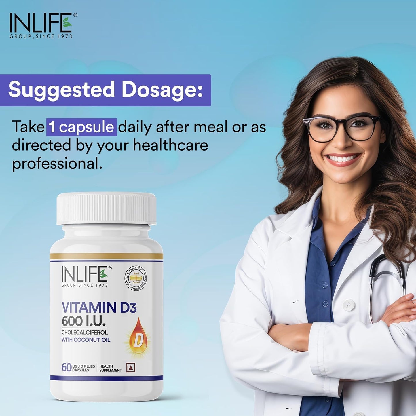 INLIFE Vitamin D3 600 IU Cholecalciferol Supplement with Coconut Oil for Better Absorption, For Men & Women, Immunity, Bone Health, Muscles - 60 Liquid Filled Capsules (Pack of 1)