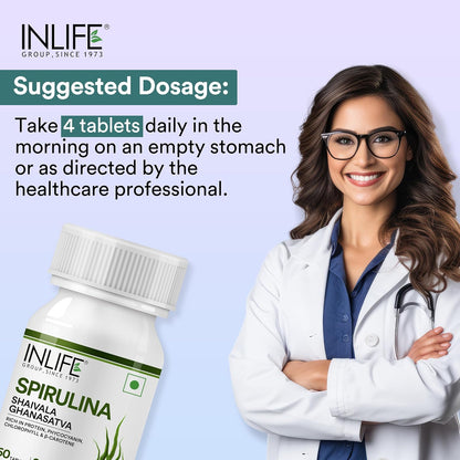 INLIFE Spirulina Tablets 2000 mg (per serving) | Green Superfood Supplement | Nutritional Supplement Protein Fiber Antioxidants - 120 Tablets (Pack of 1, 120, count)