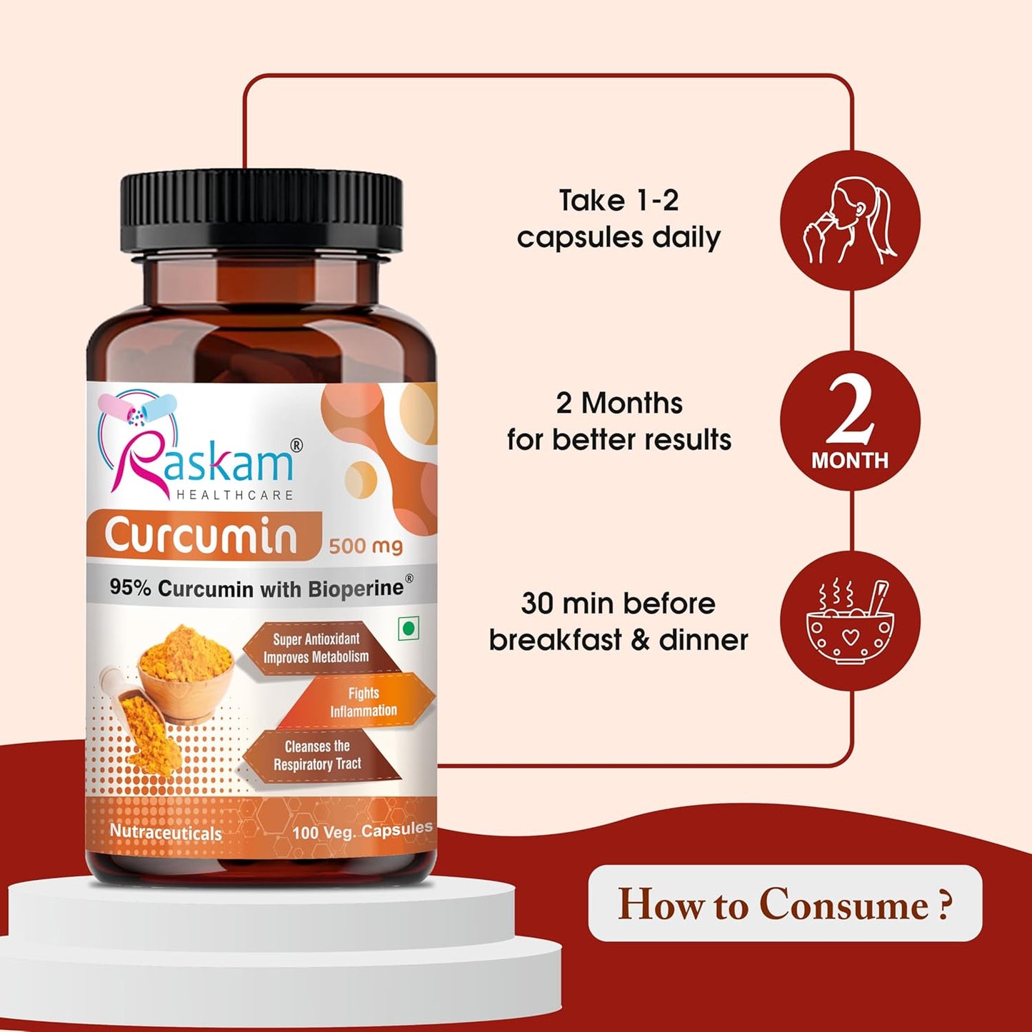Curcumin 100 veg capsules-with 95% Curcuminoids - Higher Absorption- Antioxidant & Anti-inflammatory Supplement - For Skin, Joint Support, Boosts Immune System
