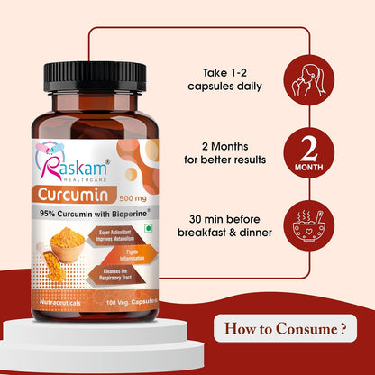 Curcumin 100 veg capsules-with 95% Curcuminoids - Higher Absorption- Antioxidant & Anti-inflammatory Supplement - For Skin, Joint Support, Boosts Immune System
