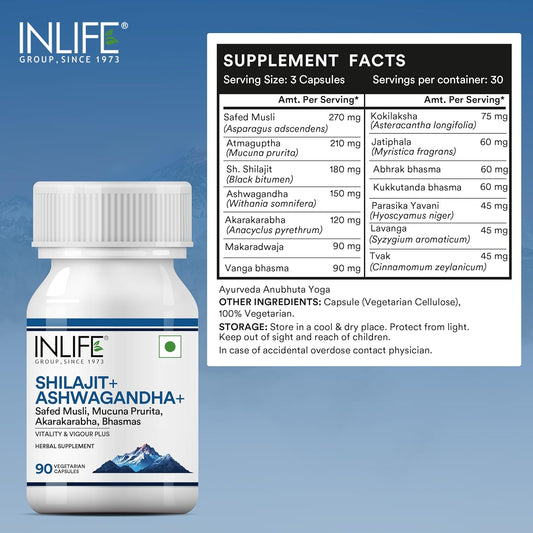 INLIFE Shilajit with Ashwagandha Safed Musli Akarkara | Strength and Stamina | 14 Ayurvedic Ingredients | For Men & Women - 90 Vegetarian Capsules