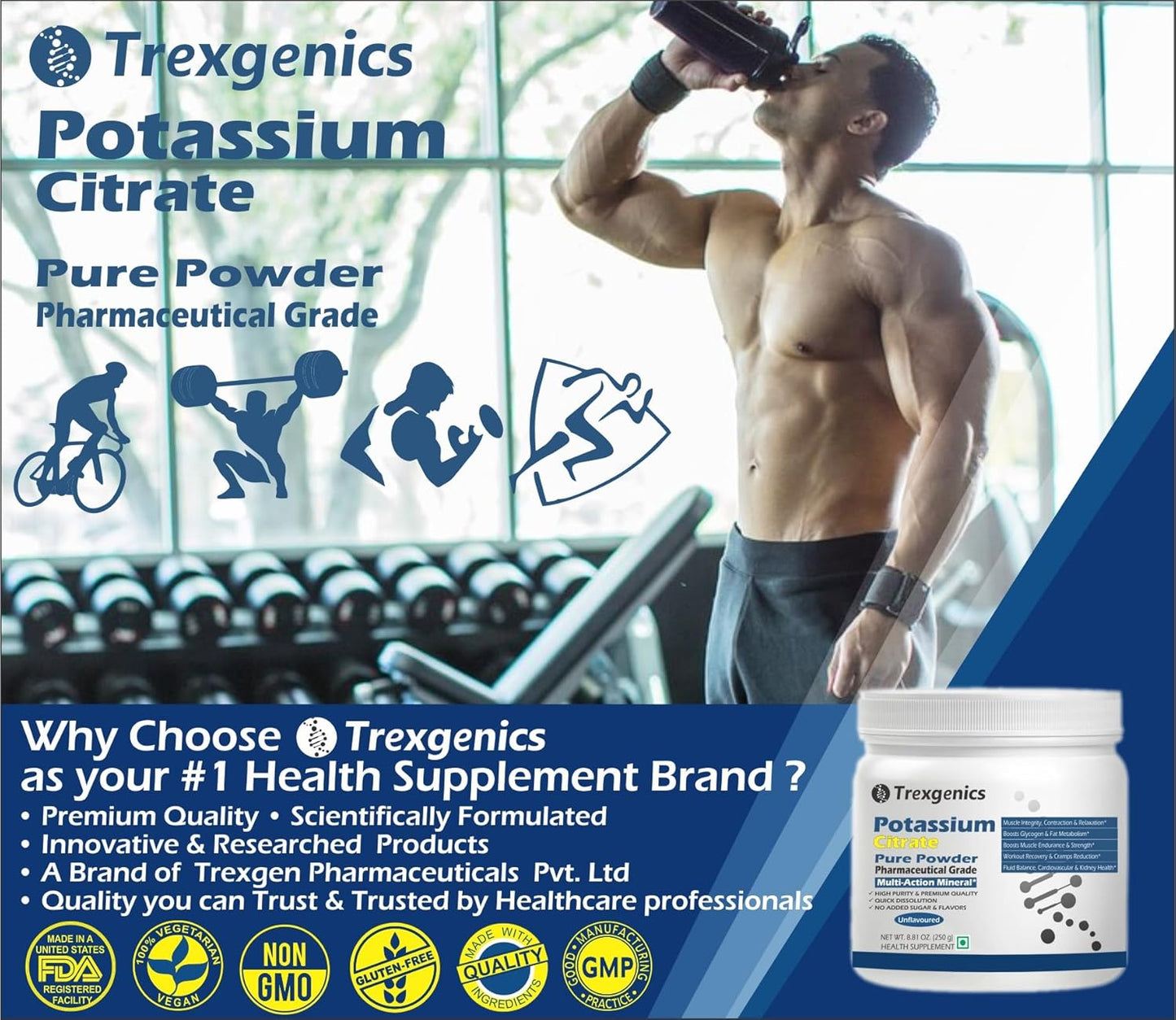Trexgenics POTASSIUM CITRATE Pure Powder Pharmaceutical Grade Electrolyte Balance, Nerve & Muscle Health (250 gram / 8.81 OZ)