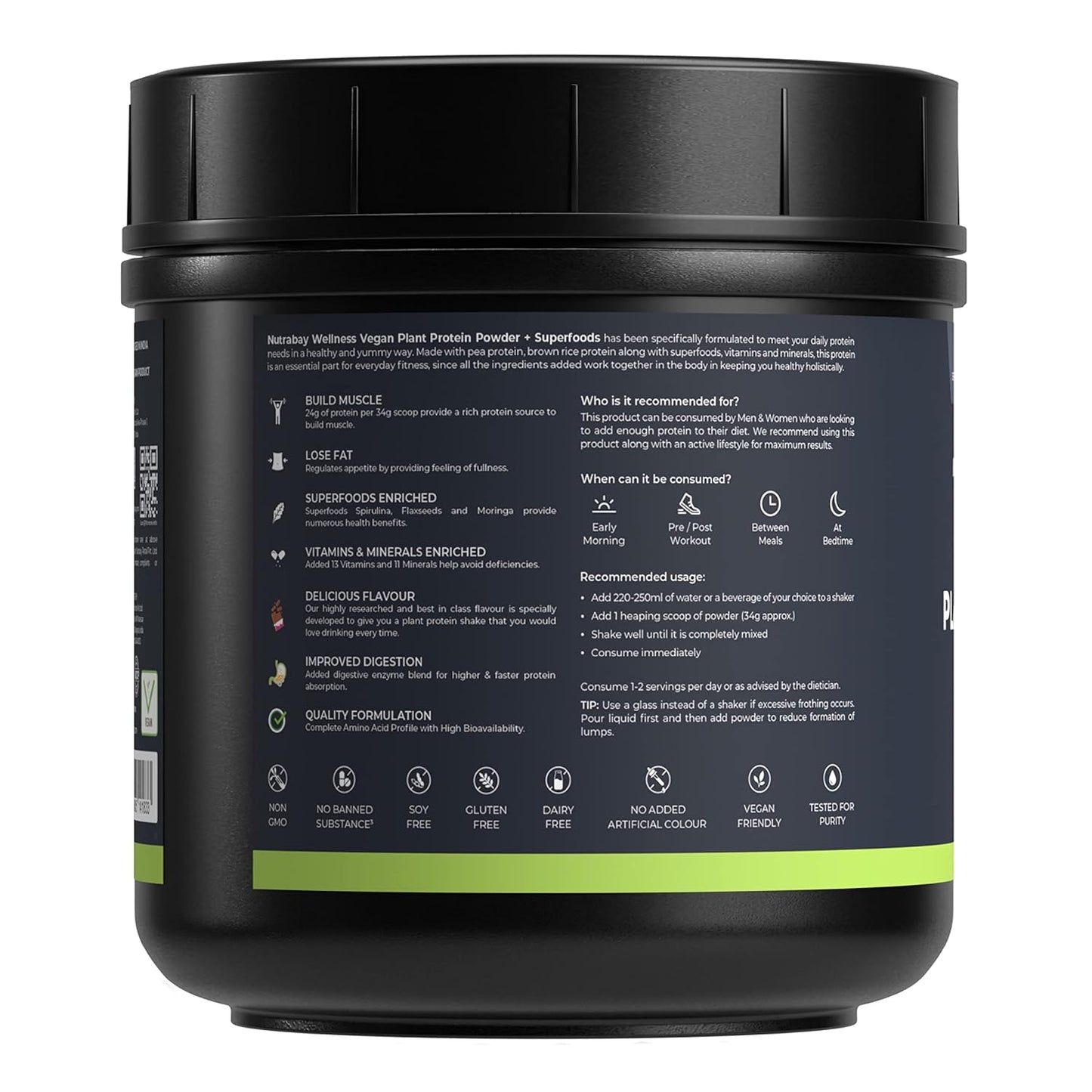 Nutrabay Wellness Vegan Plant Protein Powder + Superfoods 24g Protein per Serving â€“ Complete Amino Acid, Pea & Brown Rice, Sugarfree â€“ 500g, Rich Chocolate | 100% Authentic Clean Protein