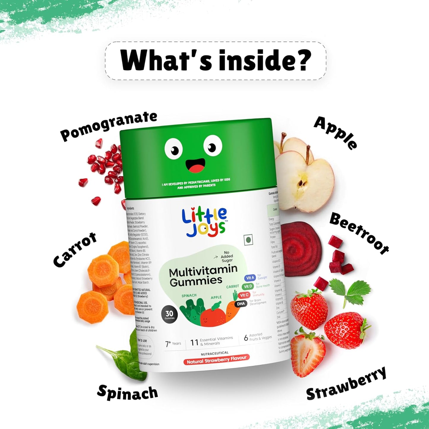 Little Joys Multivitamin Gummies | 7-12 Years |With 11 Vitamins & Minerals | 30 Day pack | Improves Immunity, Bone health & Antibody Production | No Added Sugar | Strawberry Flavour