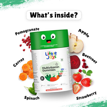 Little Joys Multivitamin Gummies | 7-12 Years |With 11 Vitamins & Minerals | 30 Day pack | Improves Immunity, Bone health & Antibody Production | No Added Sugar | Strawberry Flavour