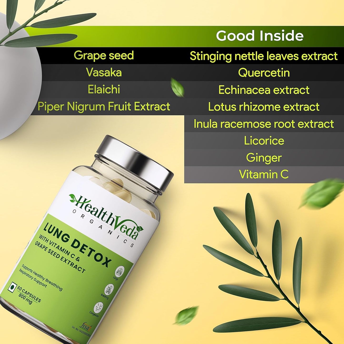 HEALTH VEDA ORGANICS PRIVATE LIMITED Lung Detox With Vitamin C & Grape Seed Extract | 60 Veg Capsules | Supports Healthy Breathing | For Detoxification Of Lungs & Immunity | For Both Men & Women